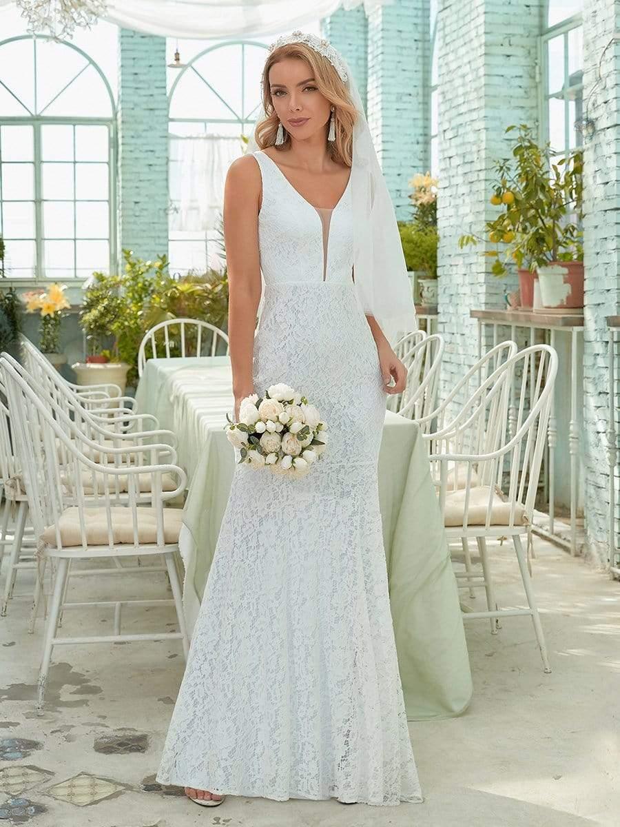 Dainty Deep V Neck Sleeveless Fishtail Lace Wedding Dress