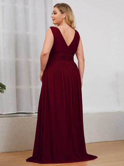 Plus Size Sleeveless V-Neck Chiffon Maxi Bridesmaid Dress #color_Burgundy