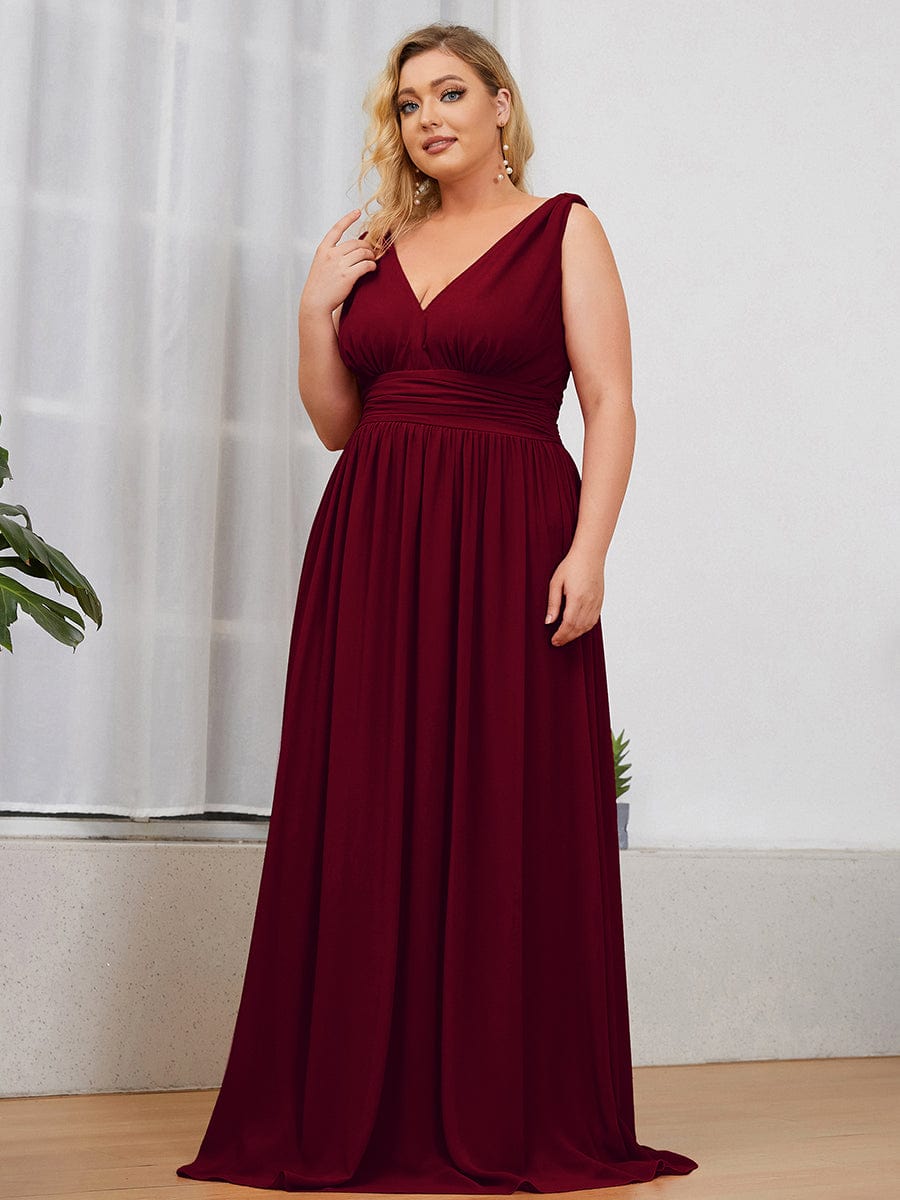 Plus Size Sleeveless V-Neck Chiffon Maxi Bridesmaid Dress #color_Burgundy