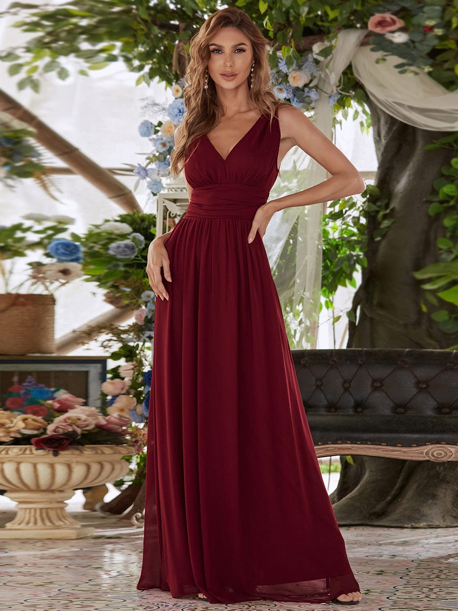 Custom Size V Neck Sleeveless Pleated Chiffon Evening Dress #color_Burgundy