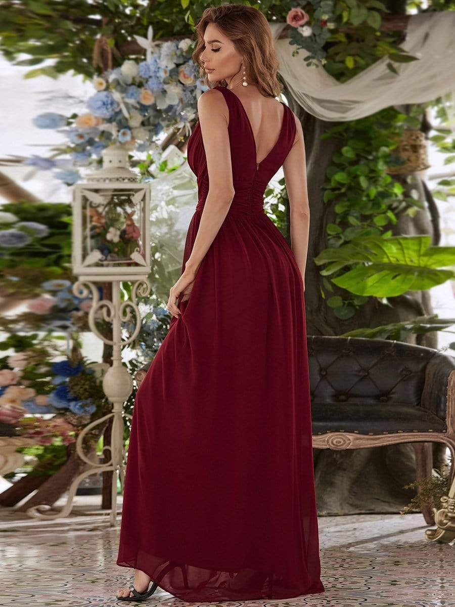 V Neck Sleeveless Pleated Chiffon Evening Dress #color_Burgundy