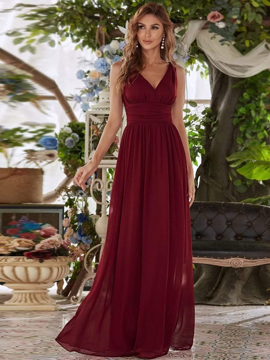 V Neck Sleeveless Pleated Chiffon Evening Dress #color_Burgundy