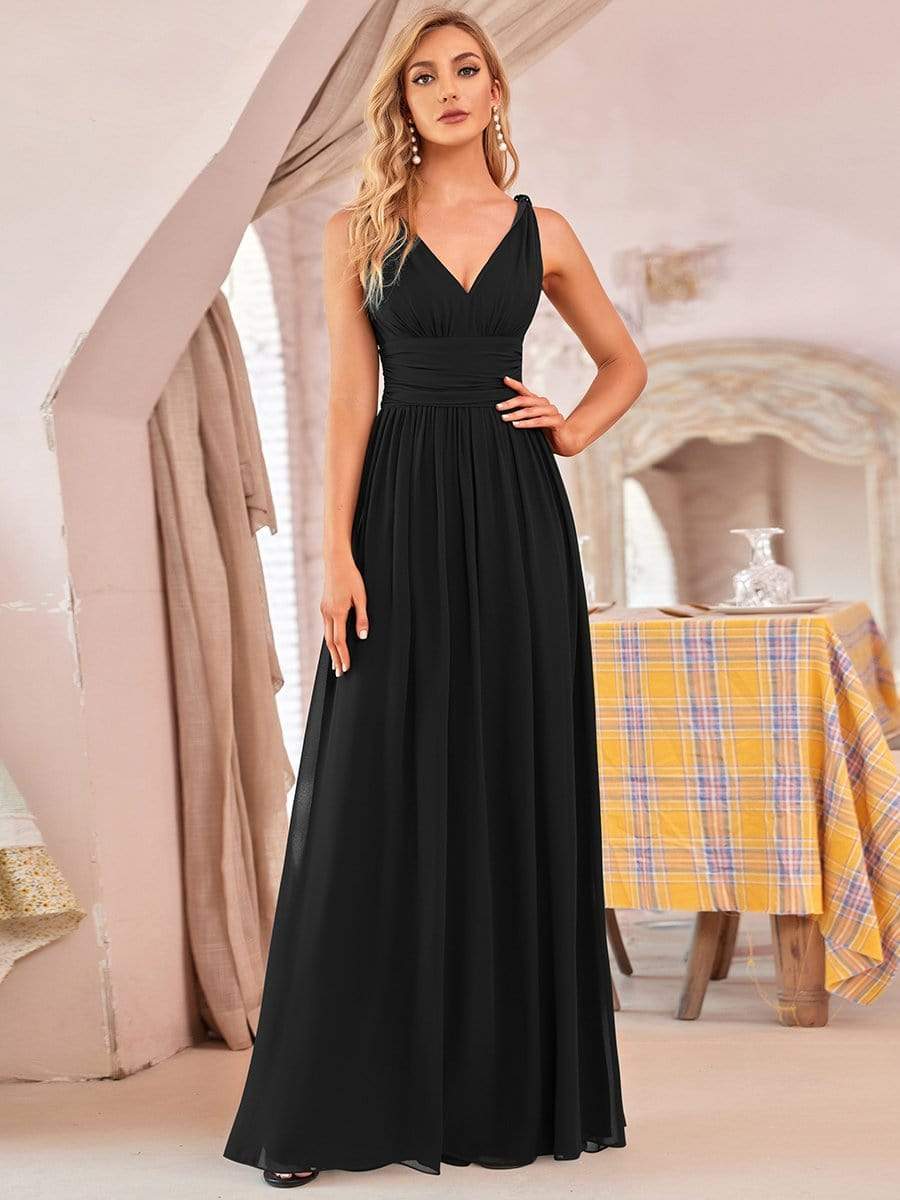 Elegant Sleeveless V-Neck Maxi Chiffon Bridesmaid Dress #color_Black