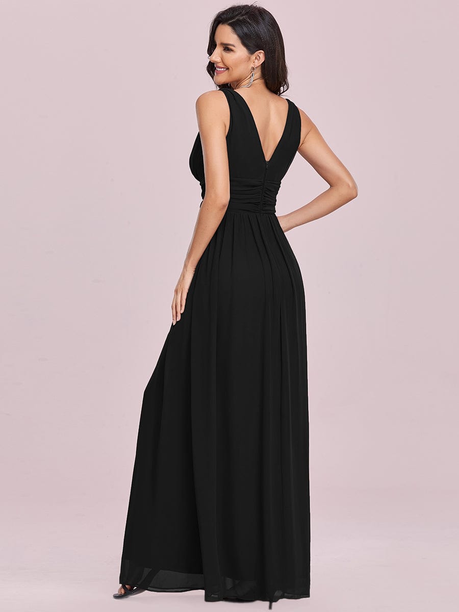 V Neck Sleeveless Pleated Chiffon Evening Dress #color_Black