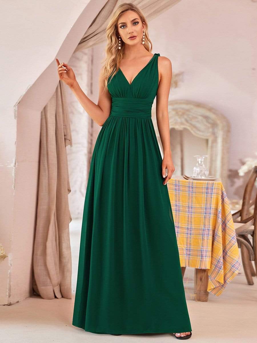 V Neck Sleeveless Pleated Chiffon Evening Dress #color_Dark Green