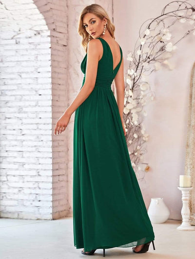 V Neck Sleeveless Pleated Chiffon Evening Dress #color_Dark Green