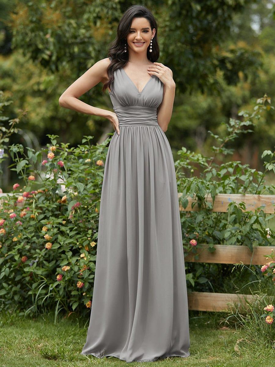 Custom Size V Neck Sleeveless Pleated Chiffon Evening Dress #color_Grey