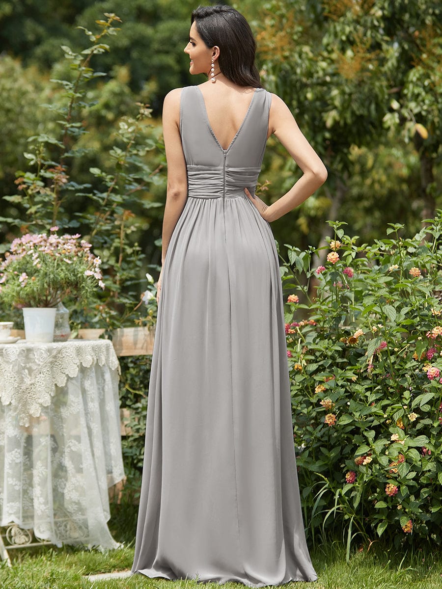 Custom Size V Neck Sleeveless Pleated Chiffon Evening Dress #color_Grey