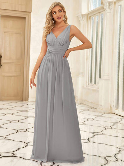 V Neck Sleeveless Pleated Chiffon Evening Dress #color_Grey