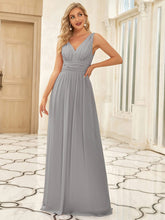 V Neck Sleeveless Pleated Chiffon Evening Dress #color_Grey