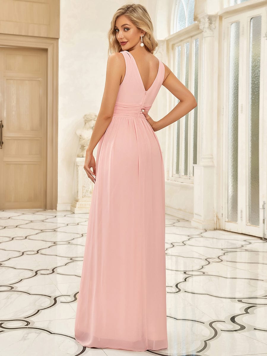 Custom Size V Neck Sleeveless Pleated Chiffon Evening Dress #color_Pink