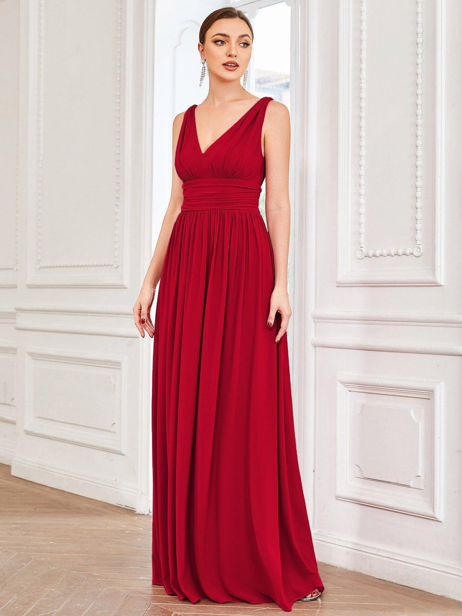 Custom Size V Neck Sleeveless Pleated Chiffon Evening Dress #color_Red