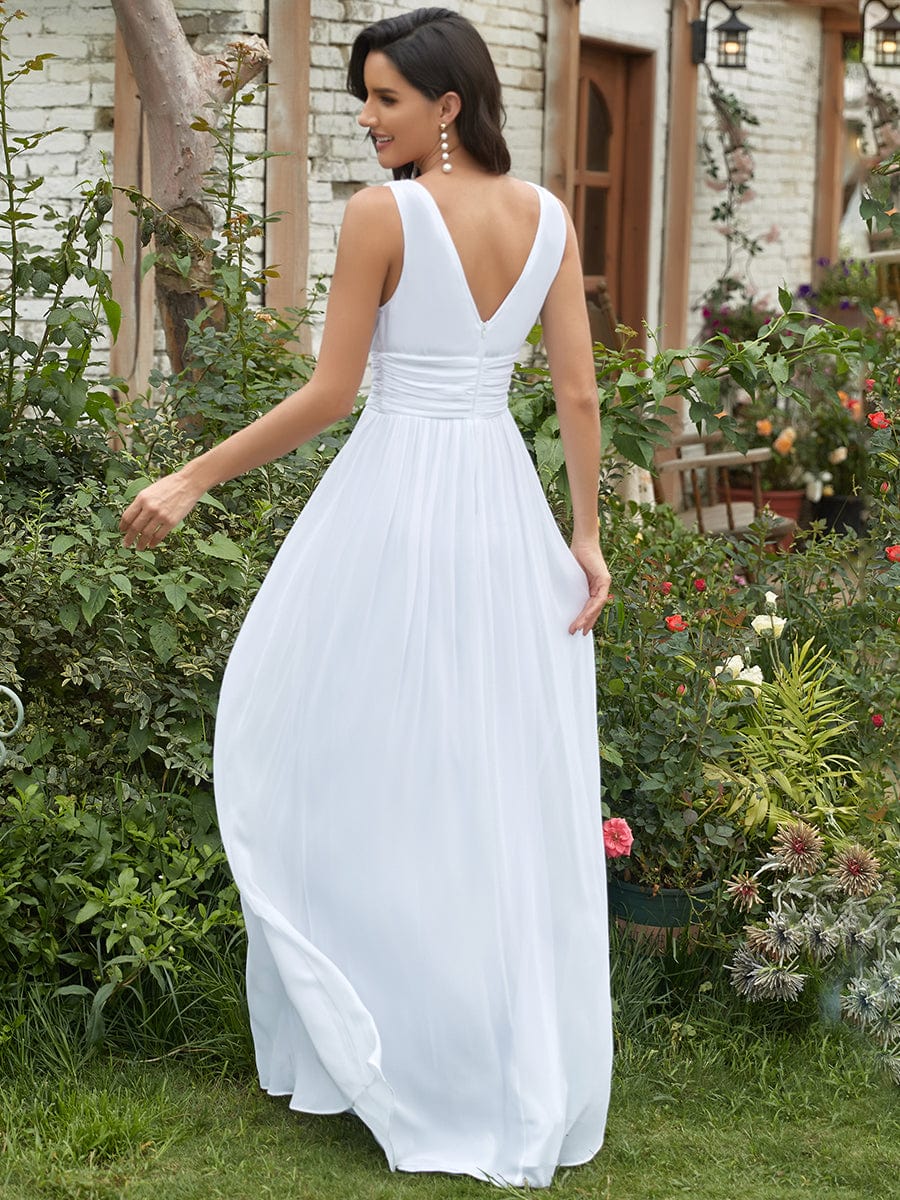 Custom Size V Neck Sleeveless Pleated Chiffon Evening Dress #color_White