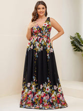 Plus Size Sleeveless V-Neck Chiffon Maxi Bridesmaid Dress #color_Black and Printed