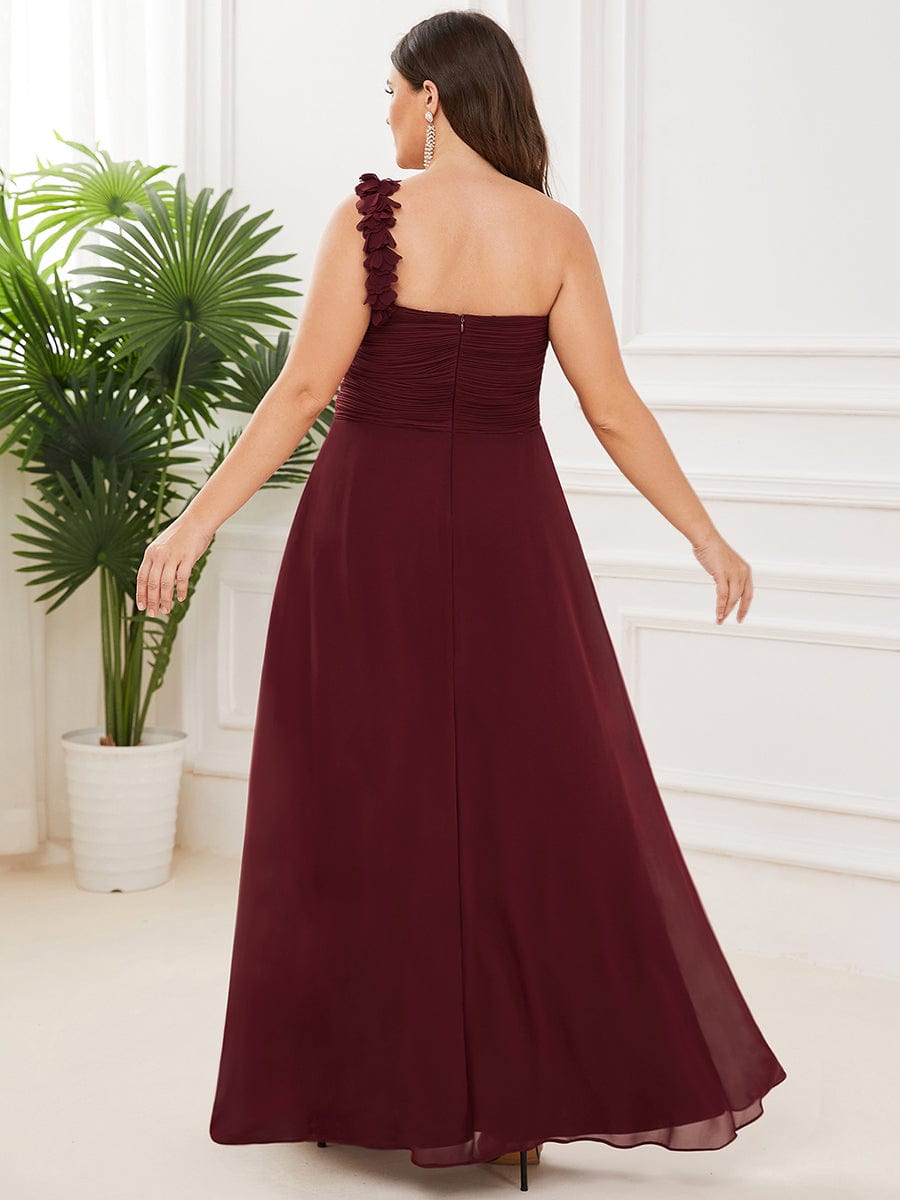 Plus Size Chiffon One Shoulder Sweetheart Neck Bridesmaid Dress #color_Burgundy