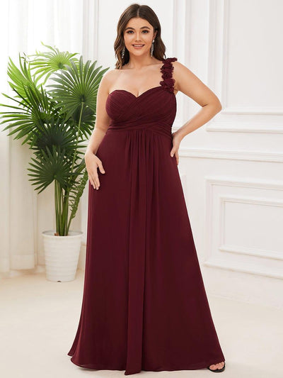 Plus Size Chiffon One Shoulder Sweetheart Neck Bridesmaid Dress #color_Burgundy