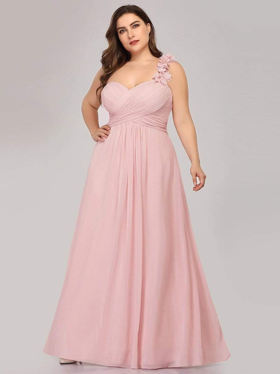 Plus Size Chiffon One Shoulder Sweetheart Neck Bridesmaid Dress #color_Pink