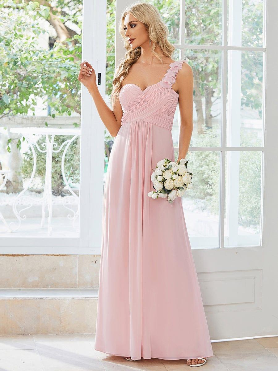 Chiffon One Shoulder Long Bridesmaid Dresses #color_Pink