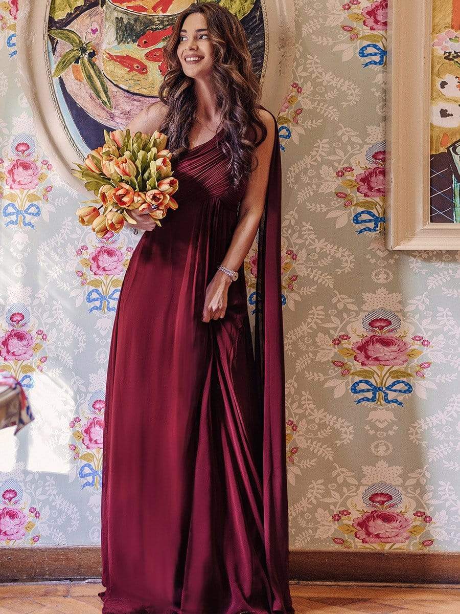 Custom Size Long Chiffon One Shoulder Evening Dresses #color_Burgundy