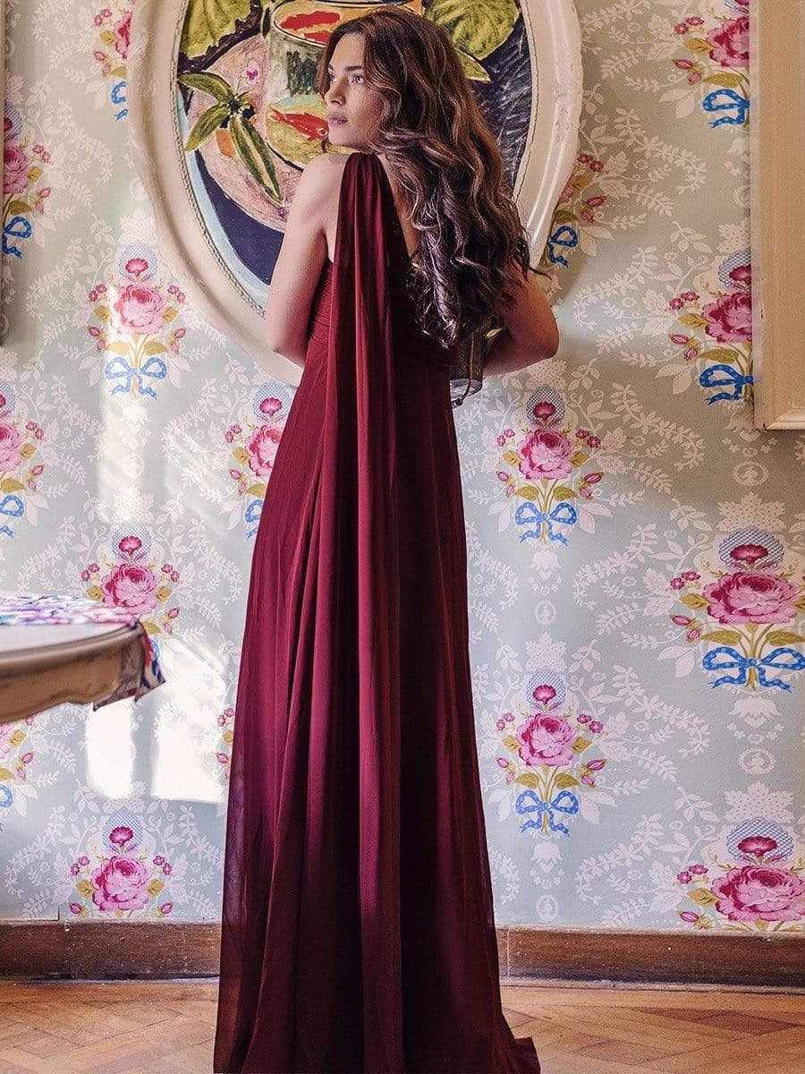 Custom Size Long Chiffon One Shoulder Evening Dresses #color_Burgundy