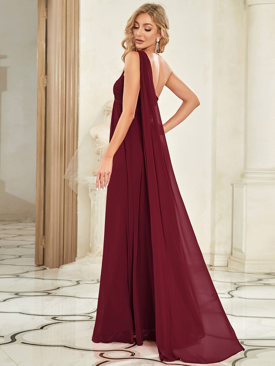 Maxi Long Chiffon One Shoulder Evening Dresses for Women #color_Burgundy