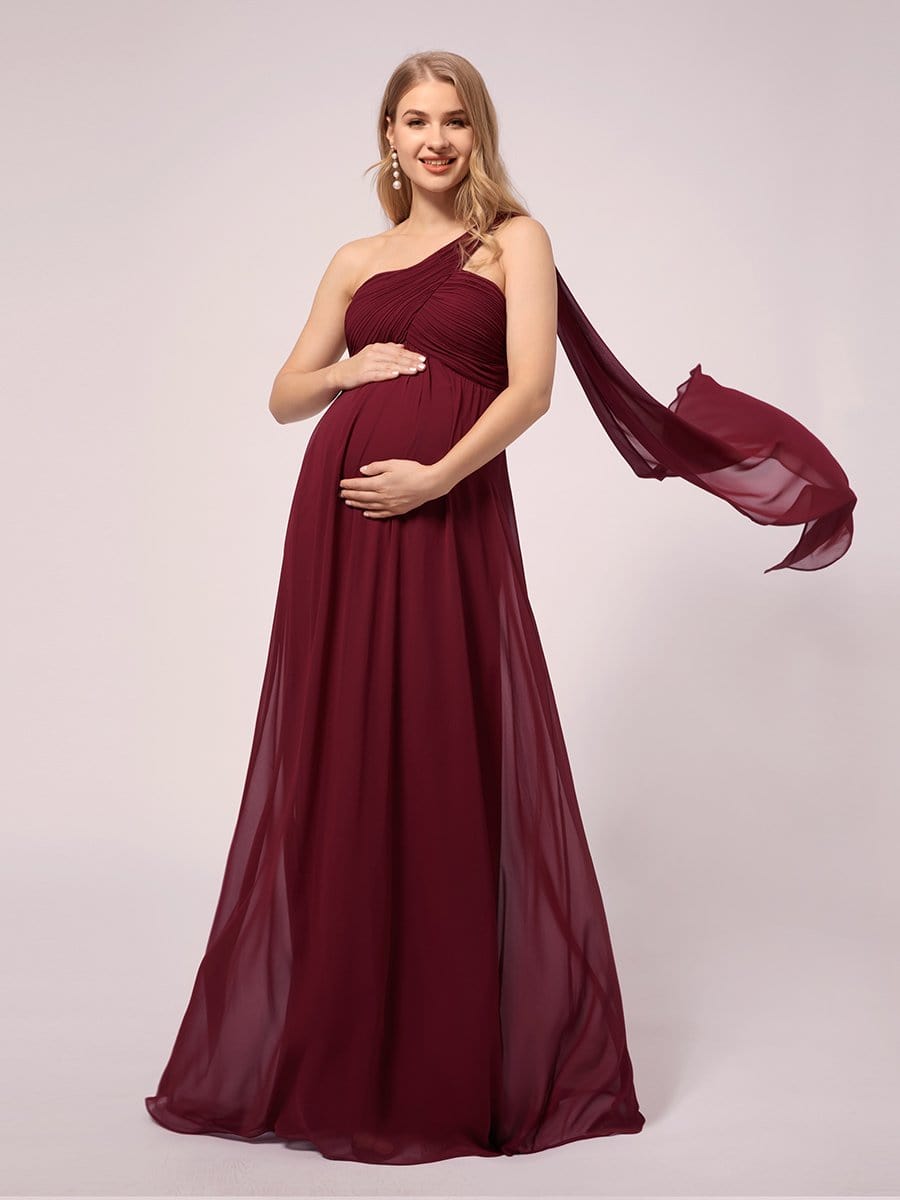 Simple One Shoulder Chiffon Maternity Dresses #color_Burgundy