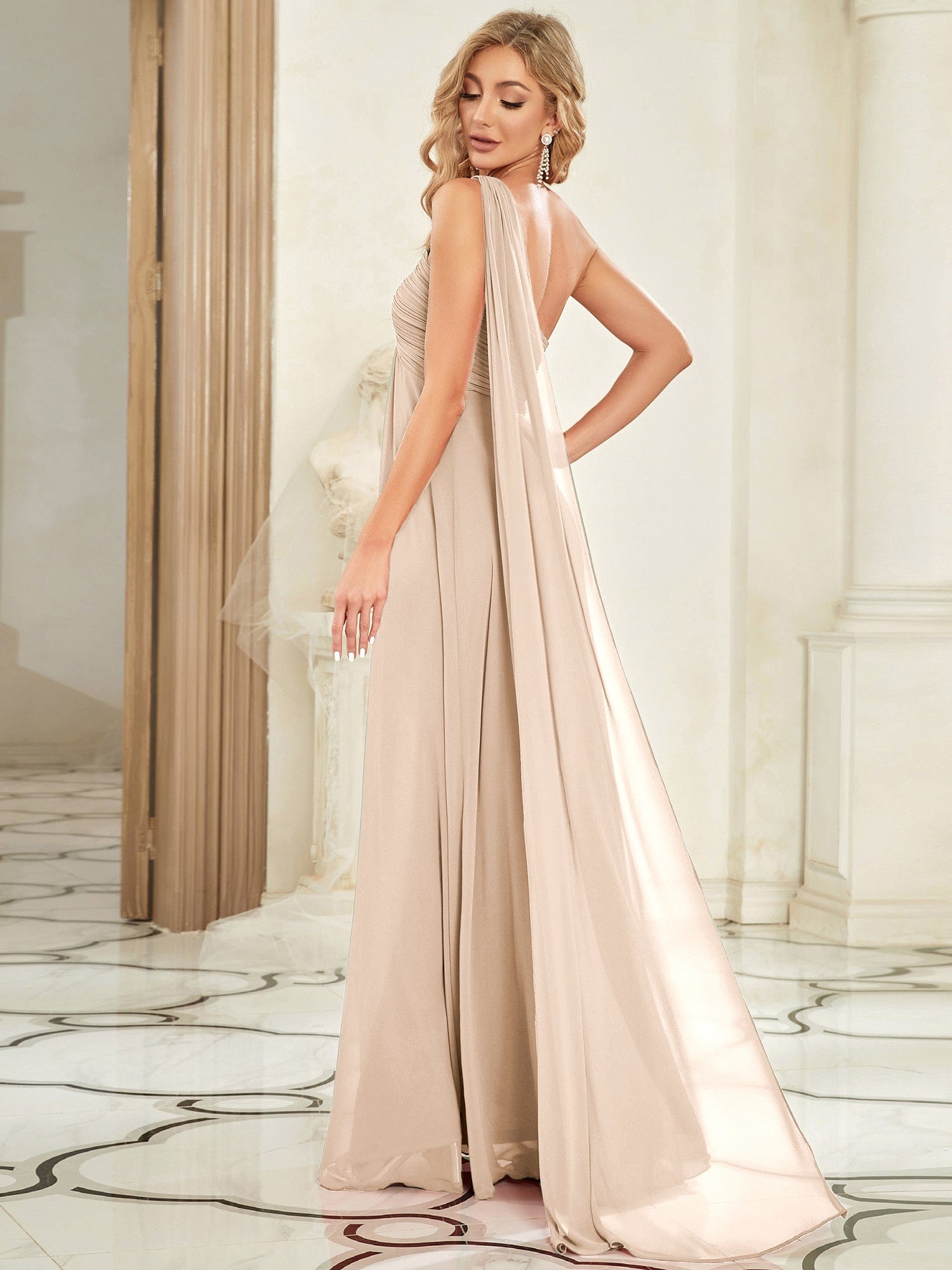 Custom Size Long Chiffon One Shoulder Evening Dresses #color_Blush