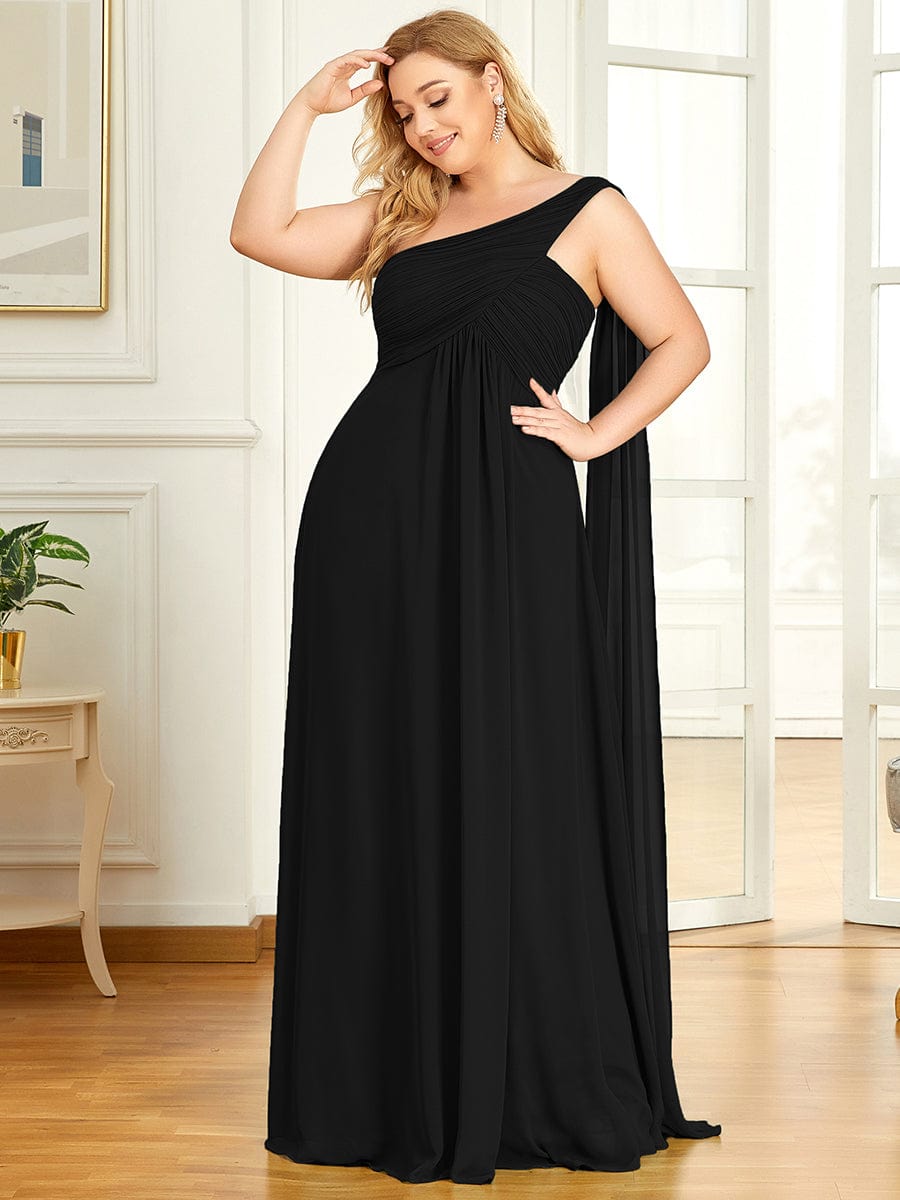 Plus Size Chiffon One Shoulder Maxi Evening Dresses #color_Black