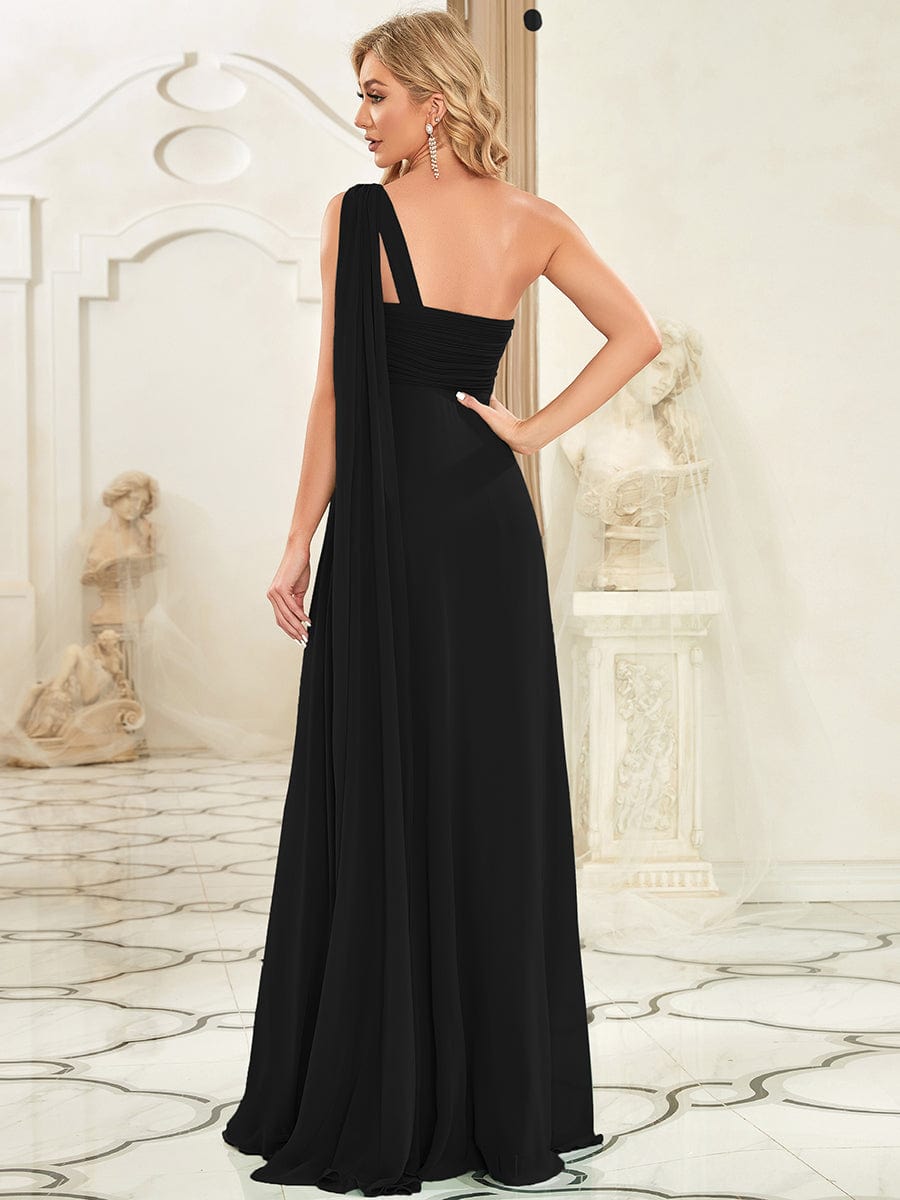 Custom Size Long Chiffon One Shoulder Evening Dresses #color_Black