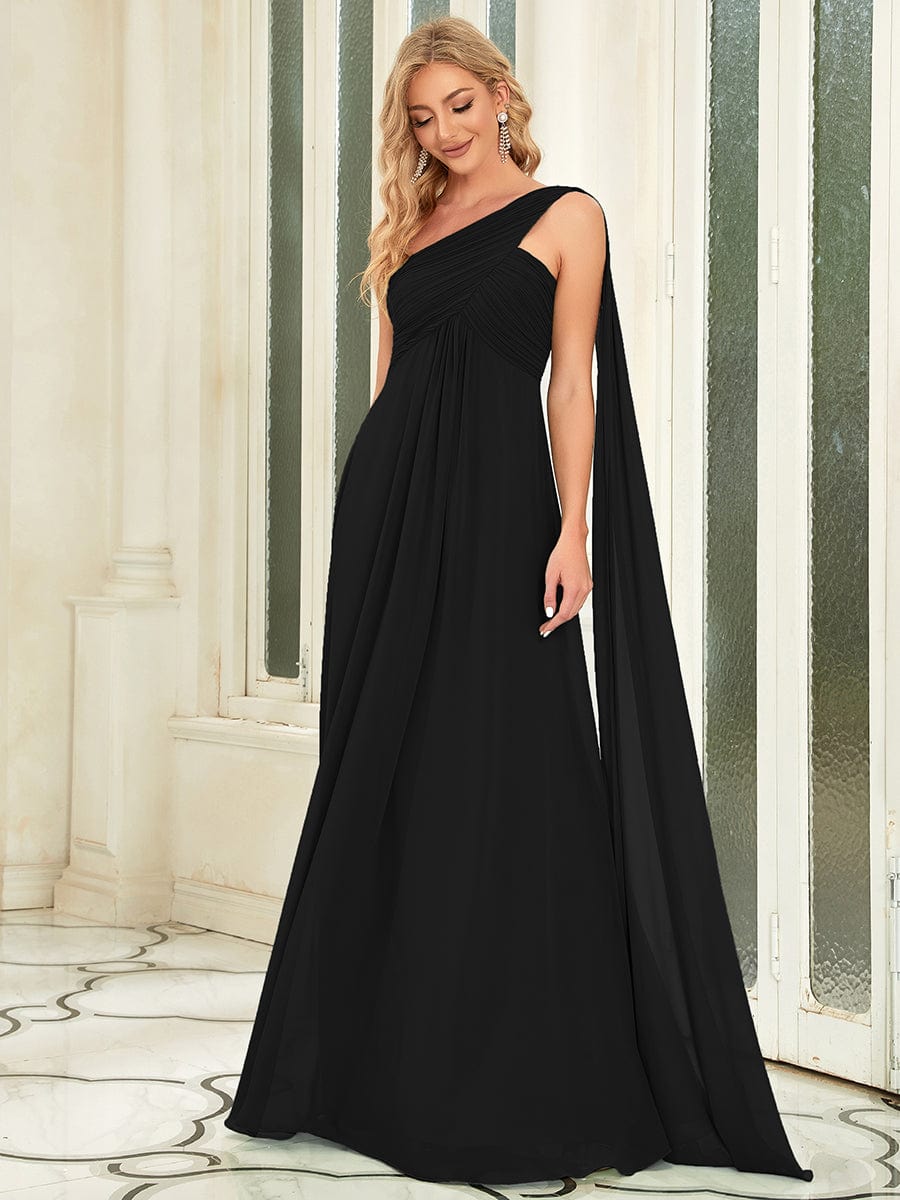 Custom Size Long Chiffon One Shoulder Evening Dresses #color_Black