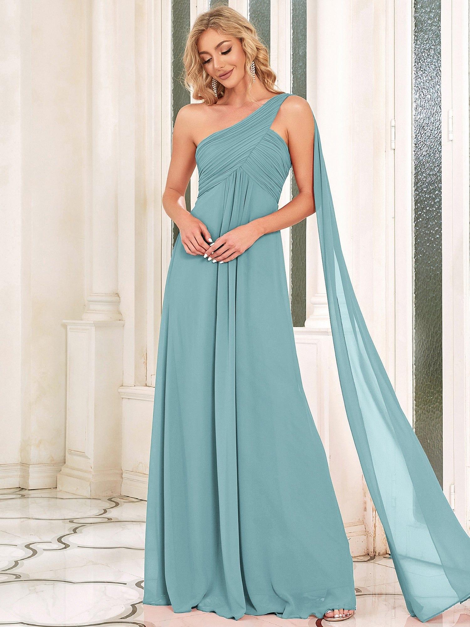 Custom Size Long Chiffon One Shoulder Evening Dresses #color_Light Teal