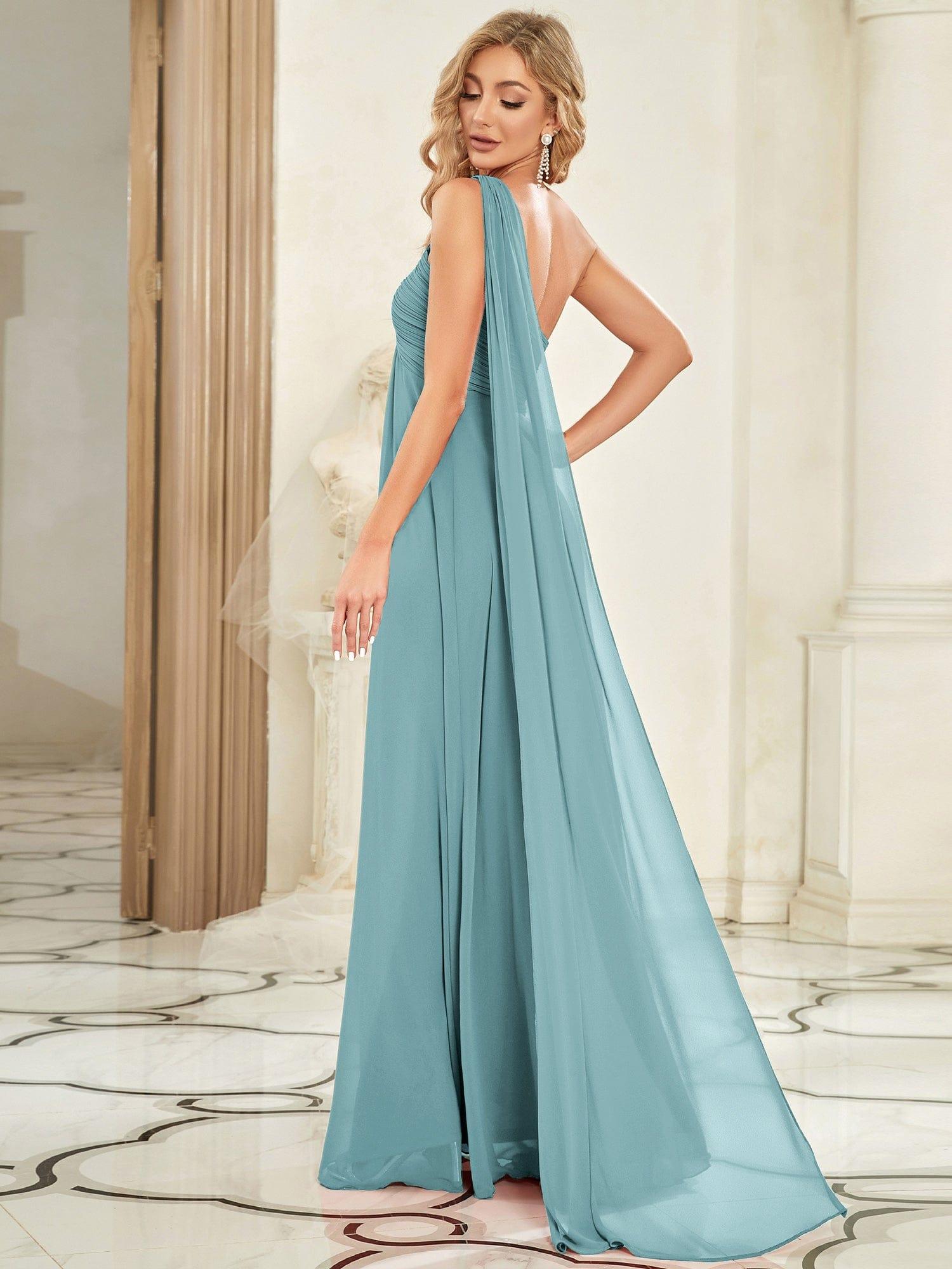 Custom Size Long Chiffon One Shoulder Evening Dresses #color_Light Teal