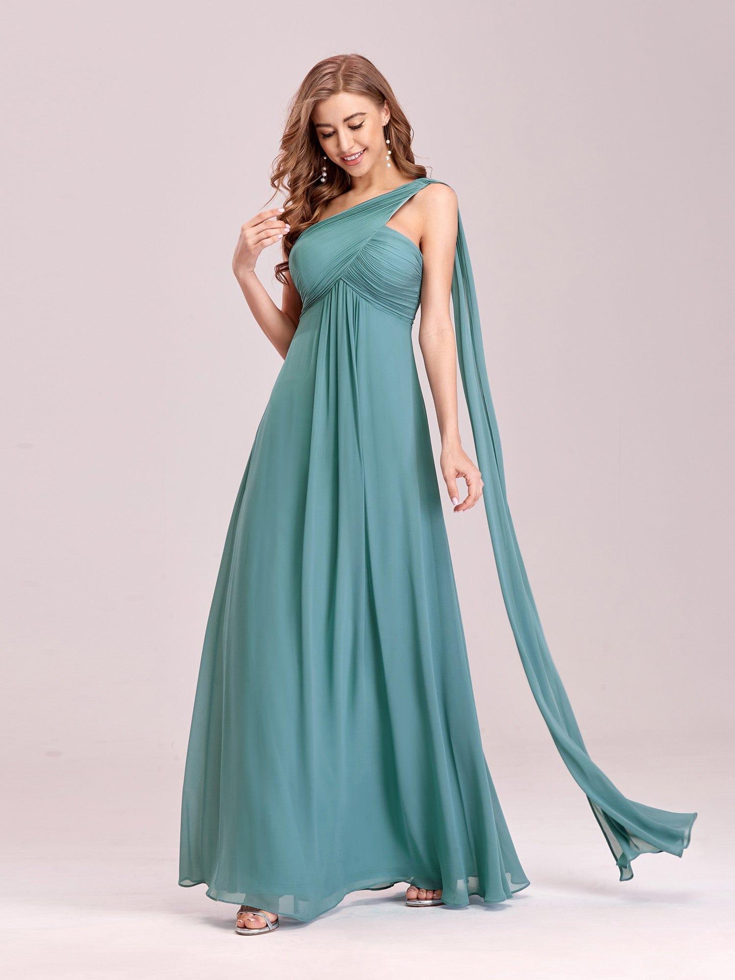 Custom Size Long Chiffon One Shoulder Evening Dresses #color_Light Teal