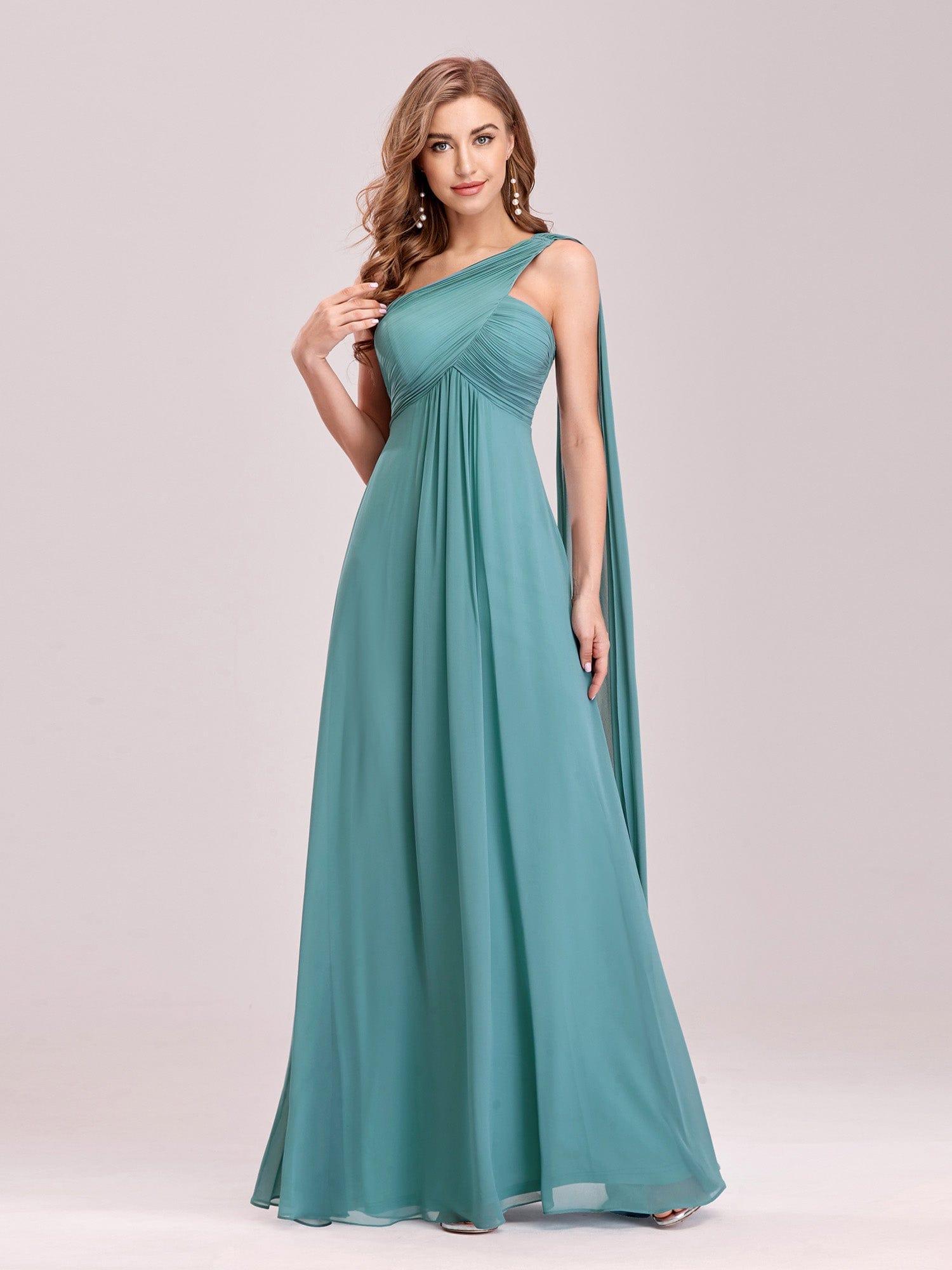 Custom Size Long Chiffon One Shoulder Evening Dresses #color_Light Teal