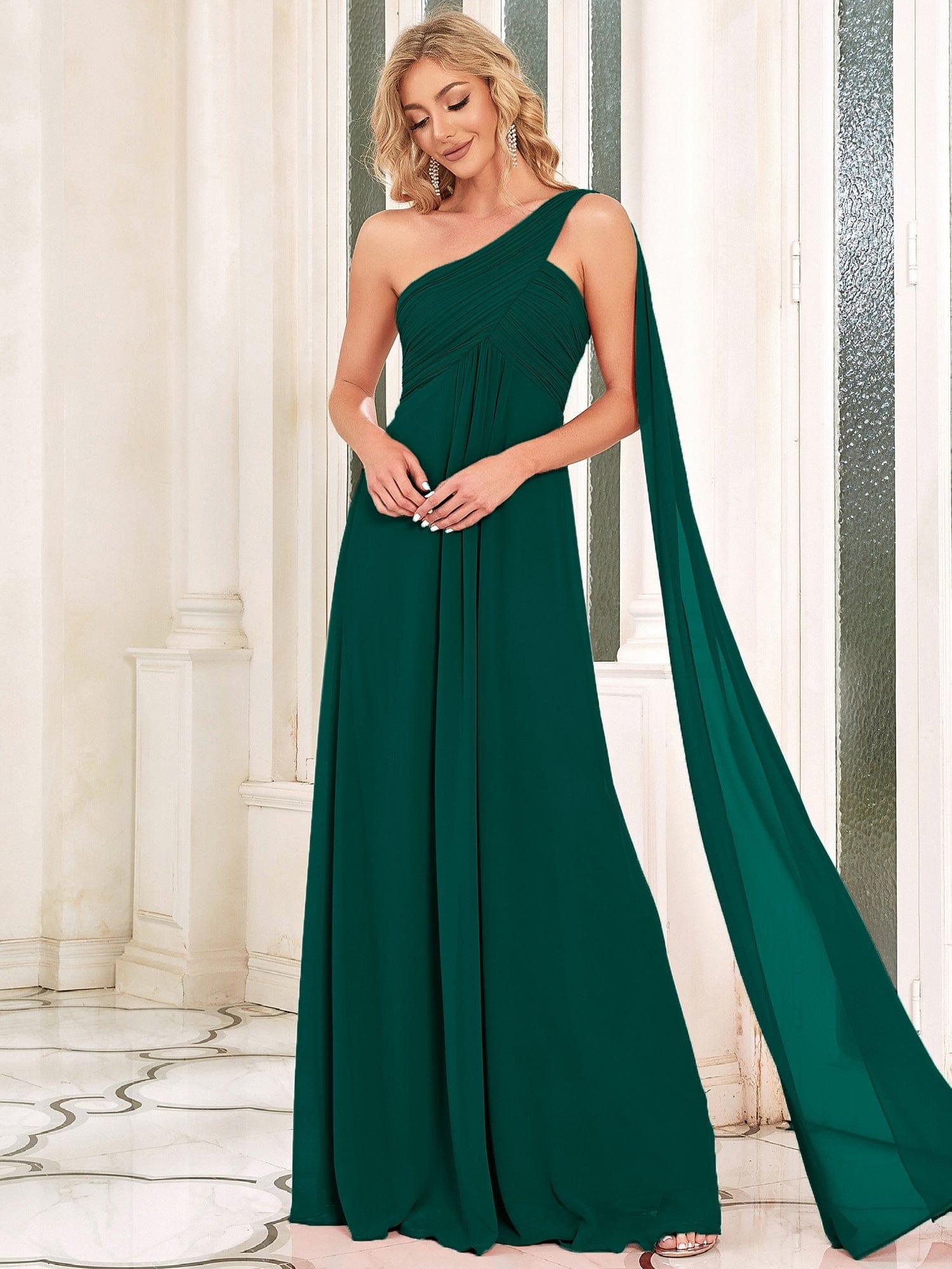 Custom Size Long Chiffon One Shoulder Evening Dresses #color_Dark Green
