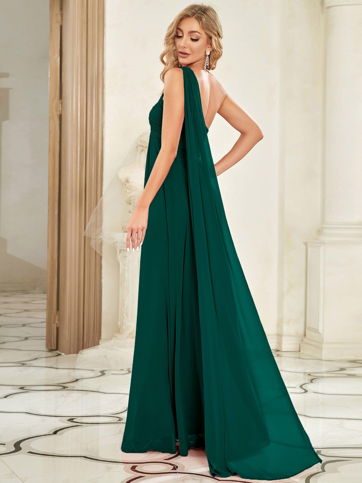 Custom Size Long Chiffon One Shoulder Evening Dresses #color_Dark Green