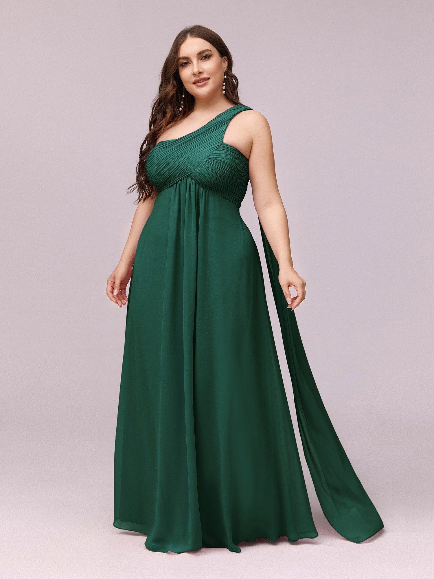Custom Size Long Chiffon One Shoulder Evening Dresses #color_Dark Green