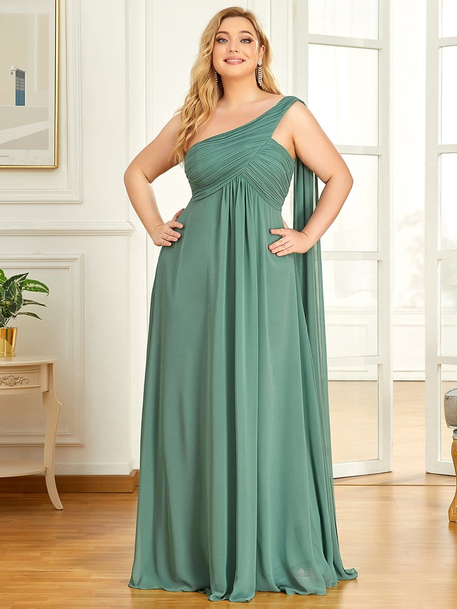 Plus Size Chiffon One Shoulder Maxi Evening Dresses #color_Green Bean