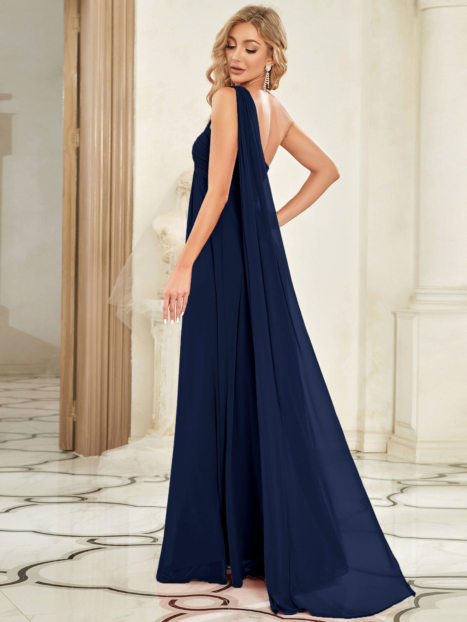 Custom Size Long Chiffon One Shoulder Evening Dresses #color_Navy Blue