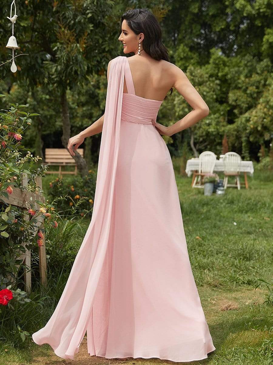Maxi Long Chiffon One Shoulder Evening Dresses for Women #color_Pink