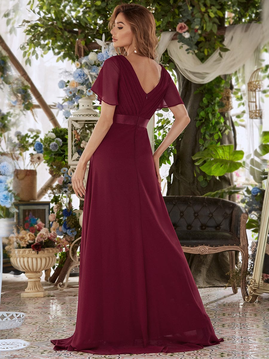 Custom Size V-neck Empire Waist Maxi Bridesmaid Dress with Short Sleeves #color_Burgundy