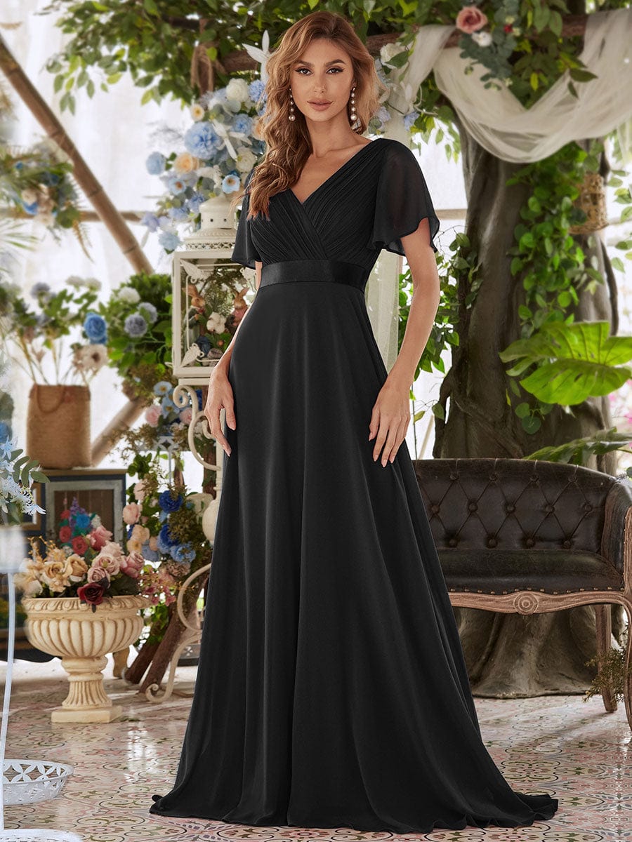 Custom Size V-neck Empire Waist Maxi Bridesmaid Dress with Short Sleeves #color_Black