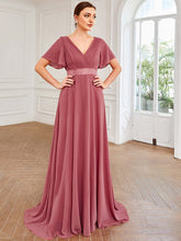 Empire Waist Floor Length Bridesmaid Dress with Short Flutter Sleeves #color_Cameo Brown