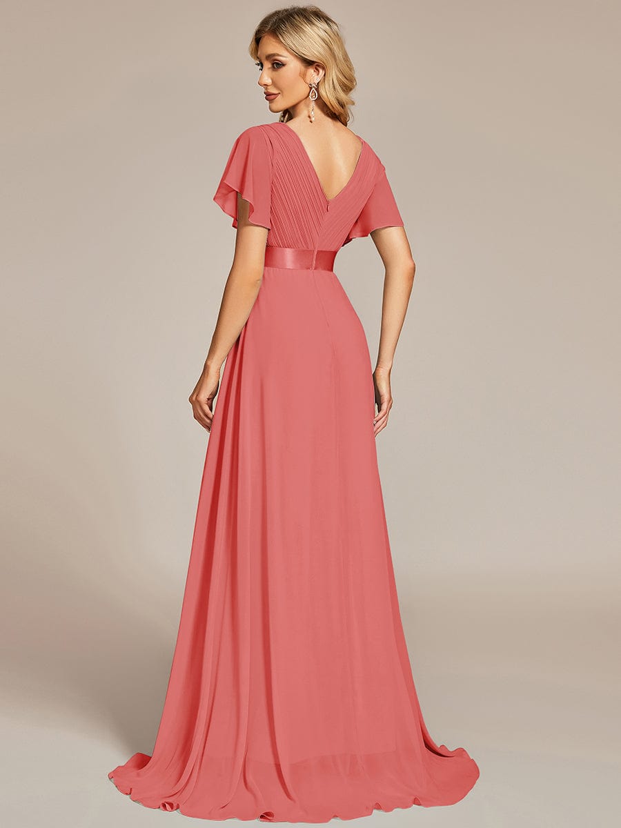 High Waist Maxi Chiffon Bridesmaid Dress with Short Sleeves #color_Coral