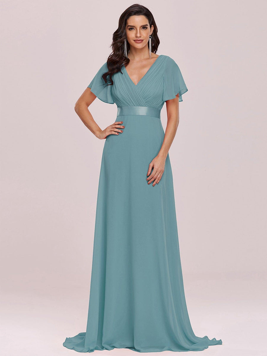 Custom Size V-neck Empire Waist Maxi Bridesmaid Dress with Short Sleeves #color_Light Teal