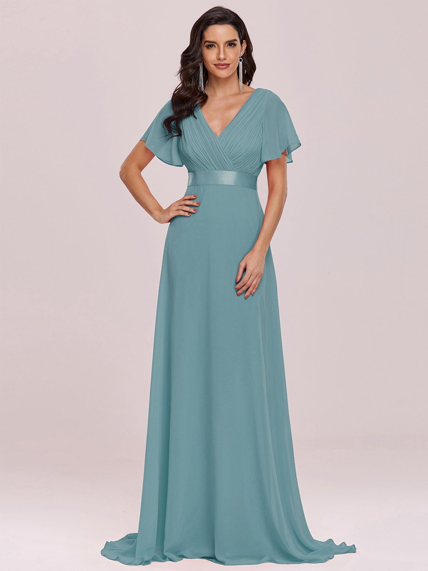 Custom Size V-neck Empire Waist Maxi Bridesmaid Dress with Short Sleeves