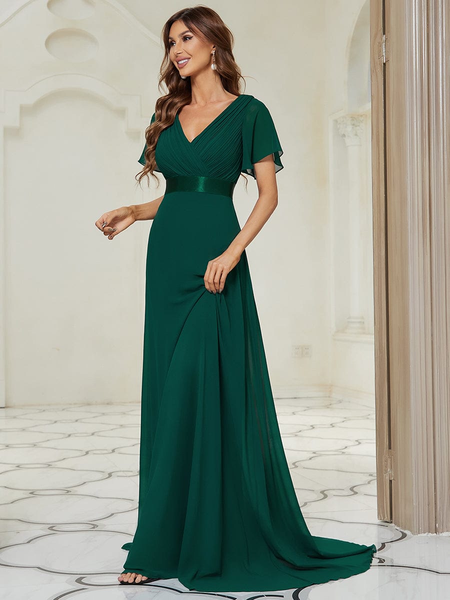 Custom Size V-neck Empire Waist Maxi Bridesmaid Dress with Short Sleeves #color_Dark Green