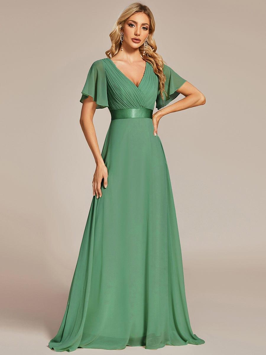 Empire Waist Floor Length Bridesmaid Dress with Short Flutter Sleeves #color_Green Bean