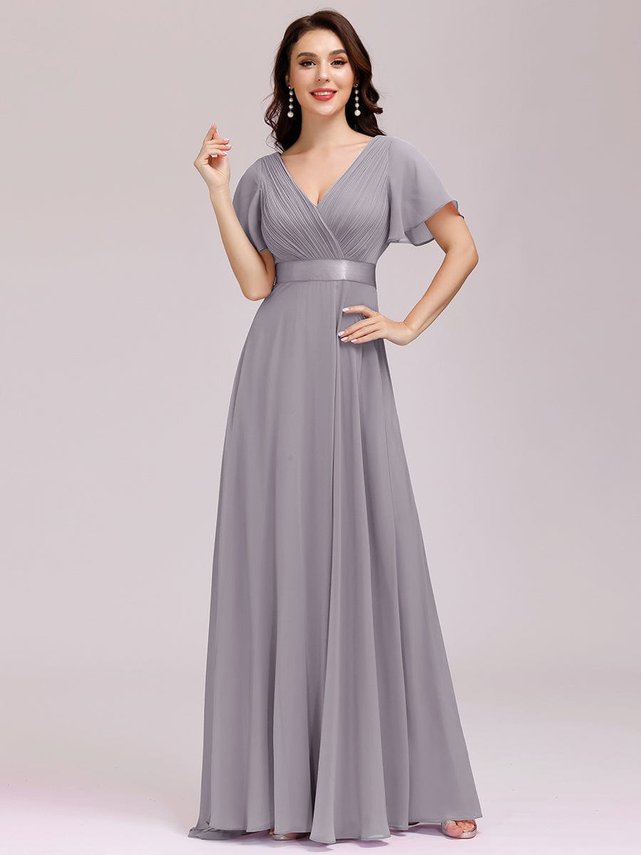 Custom Size V-neck Empire Waist Maxi Bridesmaid Dress with Short Sleeves #color_Grey