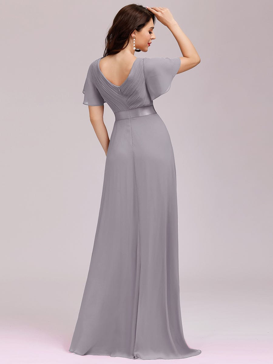 Custom Size V-neck Empire Waist Maxi Bridesmaid Dress with Short Sleeves #color_Grey